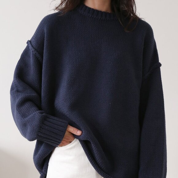 DISSH Sweaters - Dissh Oversized Crew Neck Long Sleeves Boucle Sweater Navy Ink Blue - Size Small